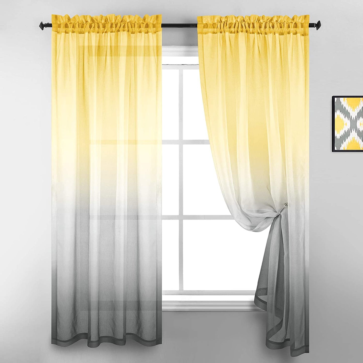 Ombre Sheer Curtains for Bedroom 2 Pieces Set Reversible Yellow and Grey