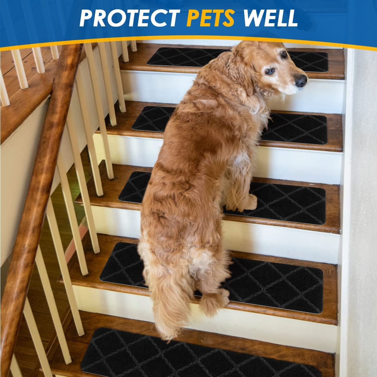 Stair Treads Carpet Non-Slip Indoor Stair Runners for Wooden Steps, Stair Rugs for Kids and Dogs, Set of 15, 8" X 30",Diamond Black