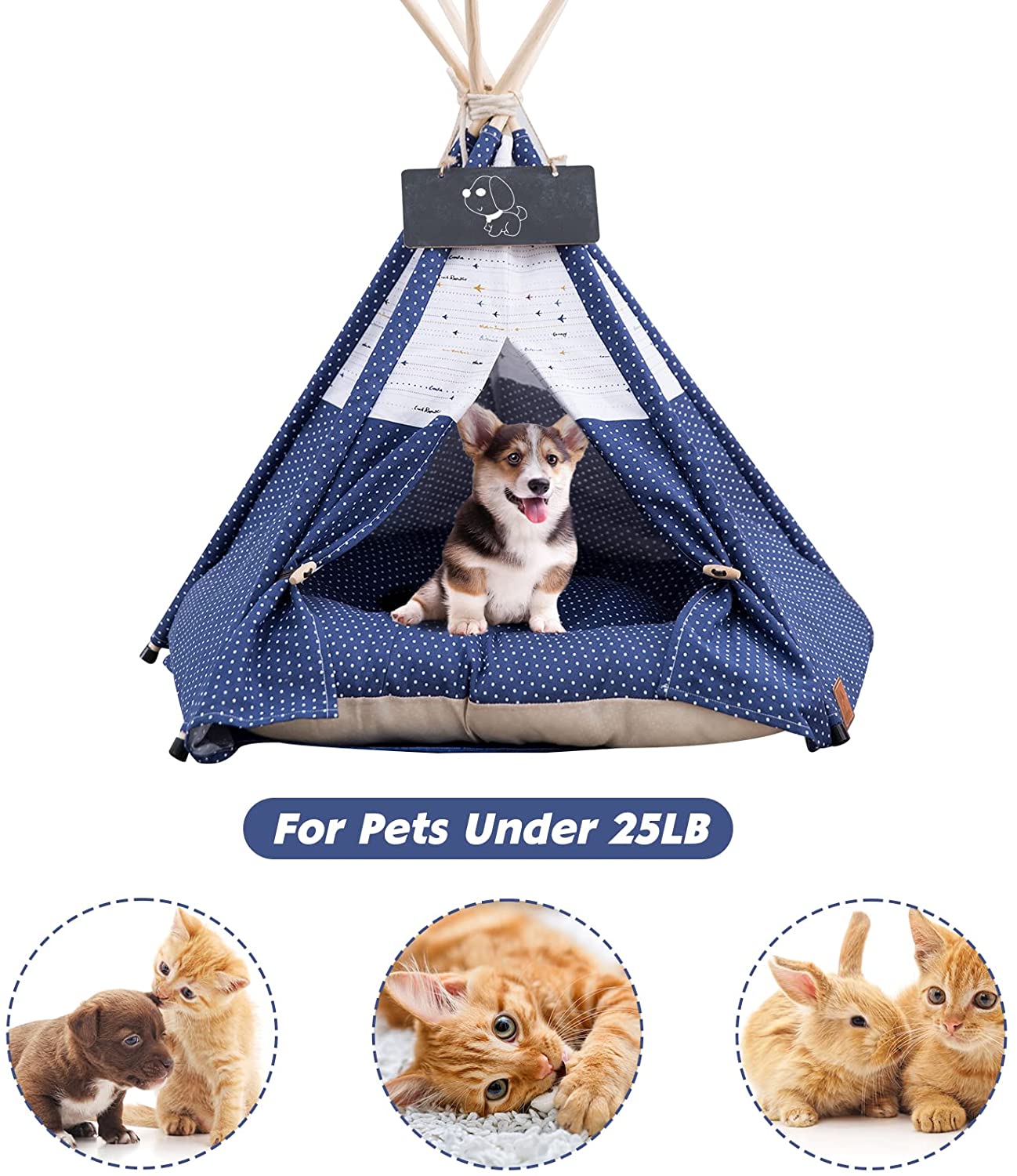 Pet Teepee with Cushion for Dogs and Cats Puppies House with Bed Pet Tent Bed Indoor Outdoor, Navy