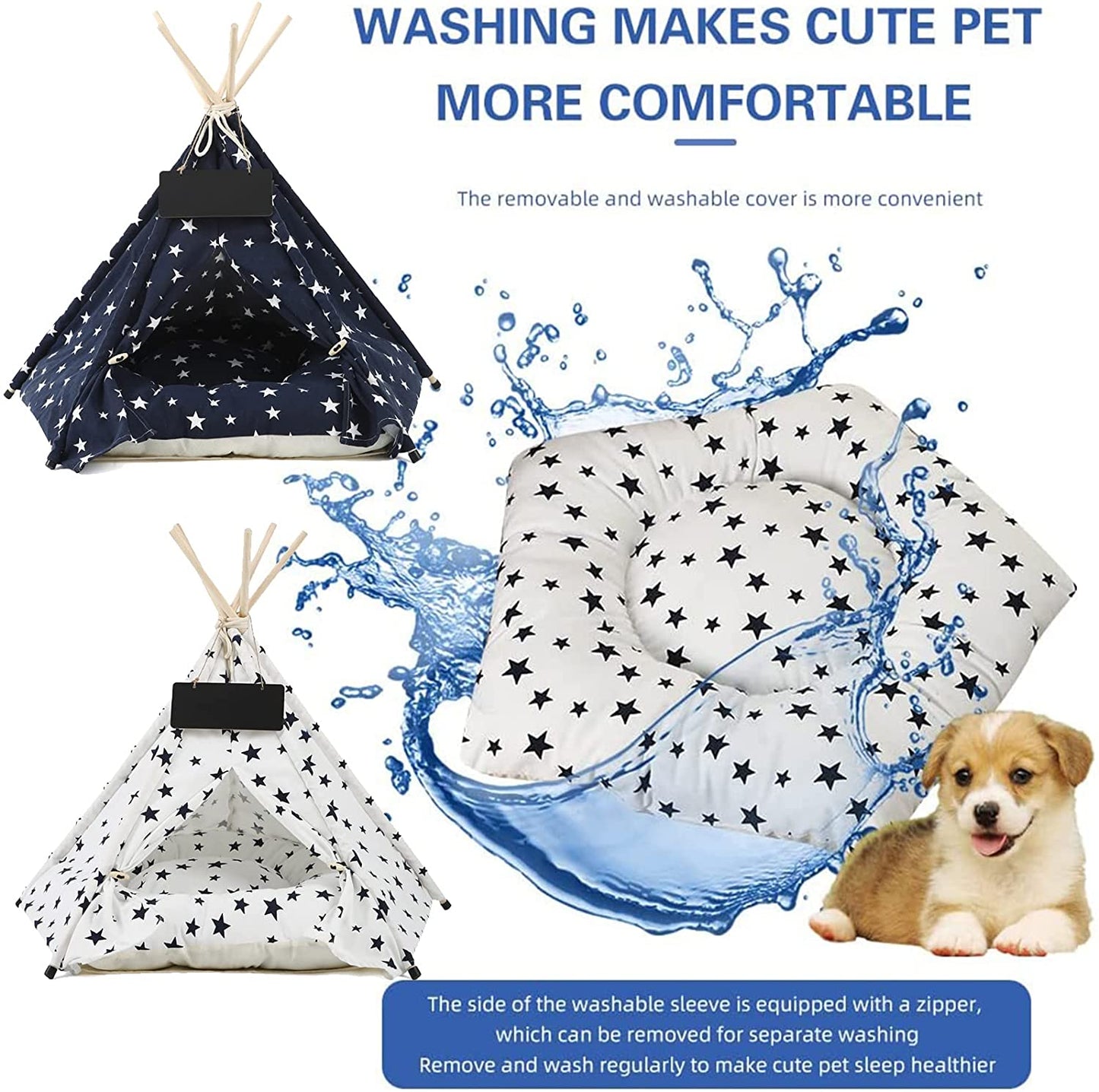 Dog Cat Teepee Tent, Dog Tent Indoor, Folding Indoor Puppy Pet Teepee Bed with Soft Cushion Bed，Star on White