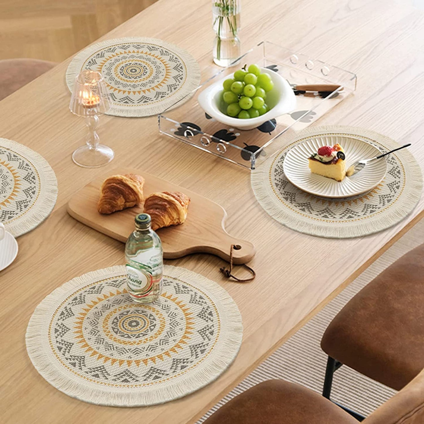 Round Placemats Set of 4/6/8, Boho Cotton Woven Macrame Tassels Table Mats Washable Heat Resistant Neutral Place Mat  (13 Inches,Yellow&brown)