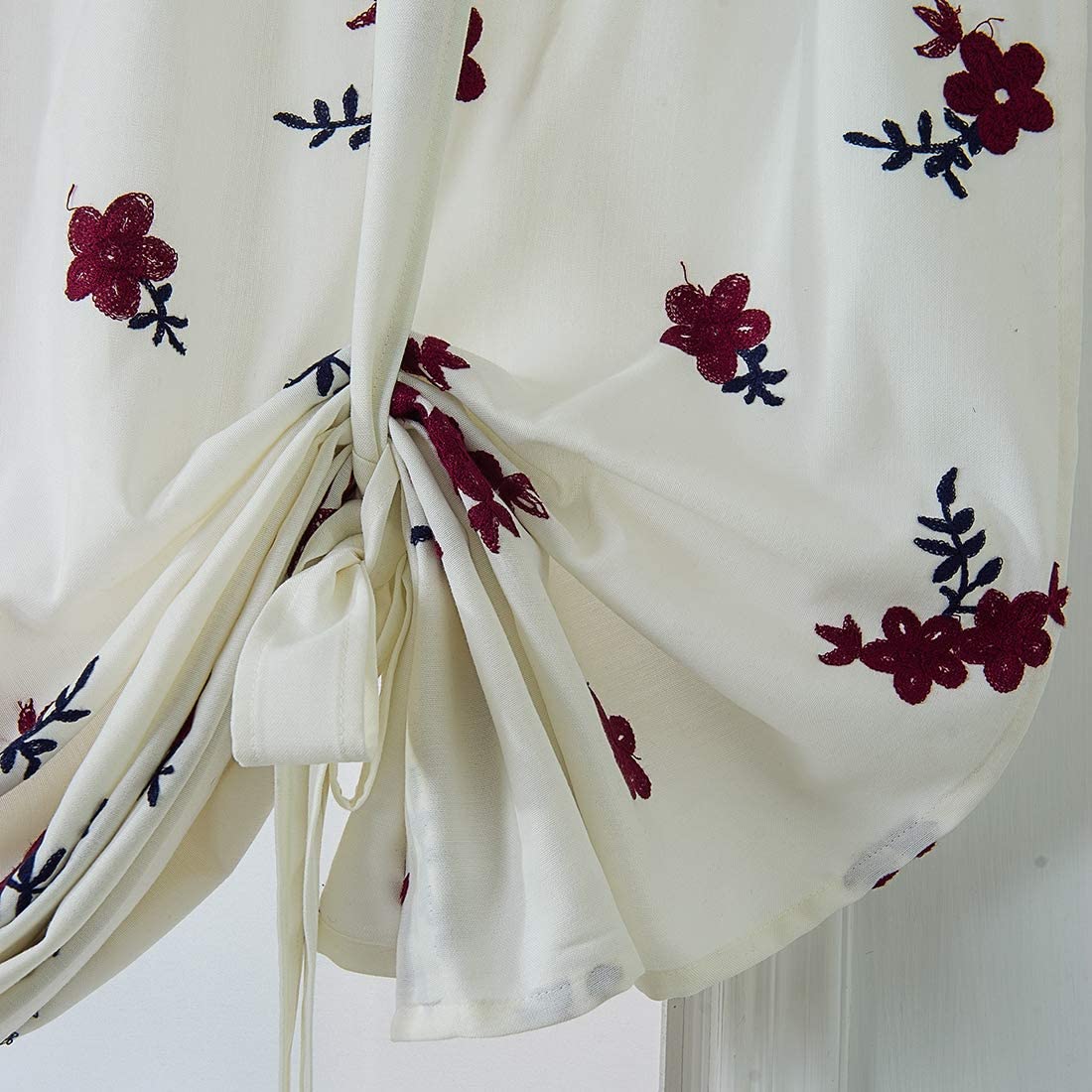 Embroidered Farmhouse Tie Up Shade Curtain for Small Window Rod Pocket 1 Piece, Red Floral