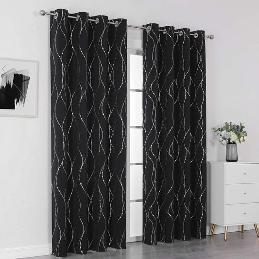 Black Blockout Curtains Bedroom Silver Star Print Design Thermal Insulated Room Darkening Window Treatment Grommet Drapes for Living Room/Kids Game Room Set of 2 Panels