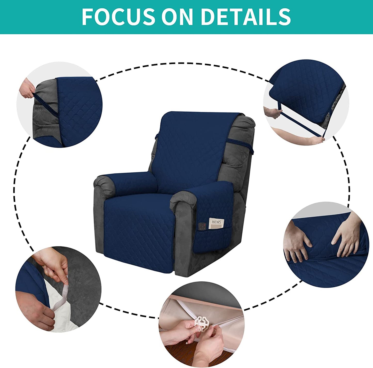 Recliner Sofa Cover with Pocket, Slipcovers Reversible Washable Elastic Adjustable Strap for home(3 Seater,Navy）
