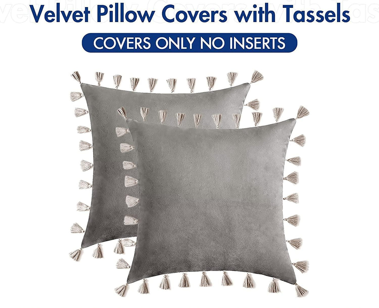 Pack of 2 Velvet Soft Solid Decorative Throw Pillows with Tassels Fringe Boho Accent Cushion for Couch Sofa Bed, Grey