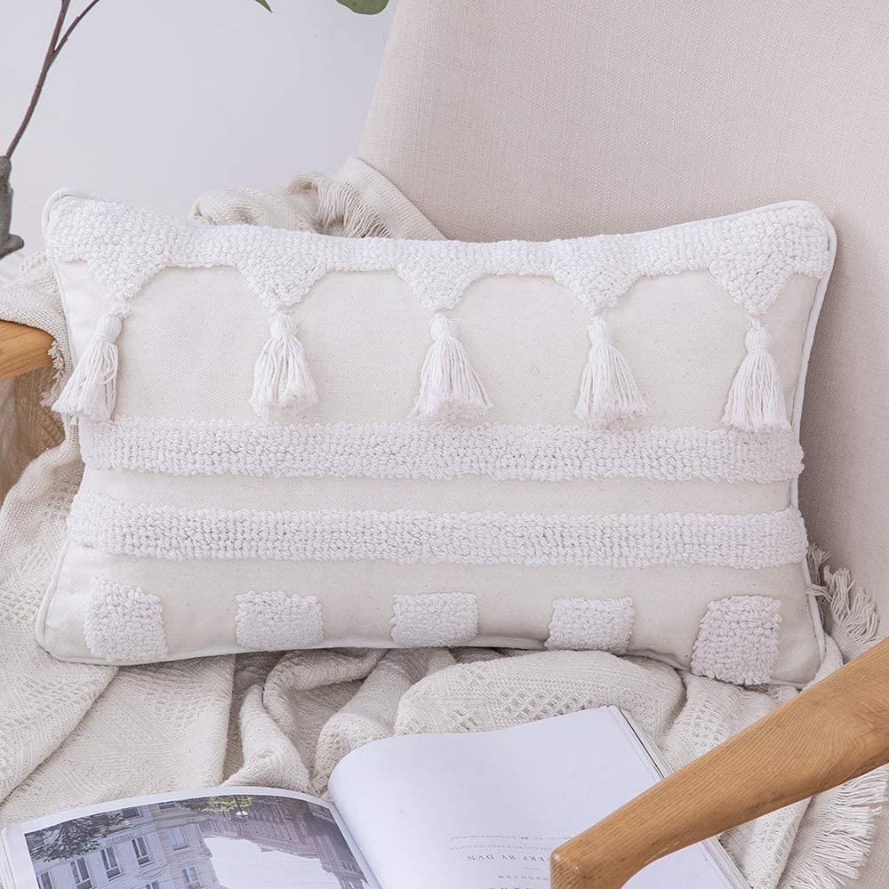 Tribal Boho Woven with Tassels Pillow Square Soft Couch Pillows Set of 2 (Inserts + Pillow Covers, White)