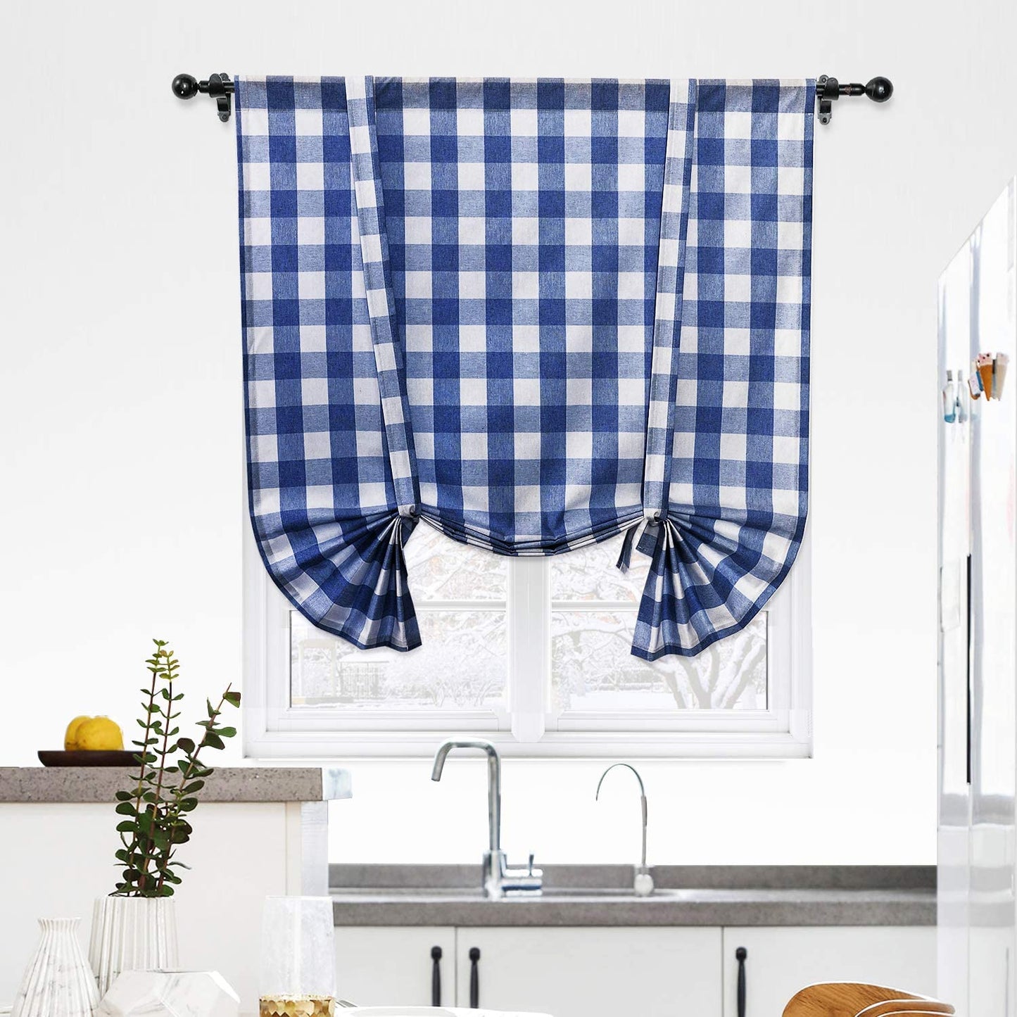 Tie Up Curtain for Kitchen Window Buffalo Check, Navy and White