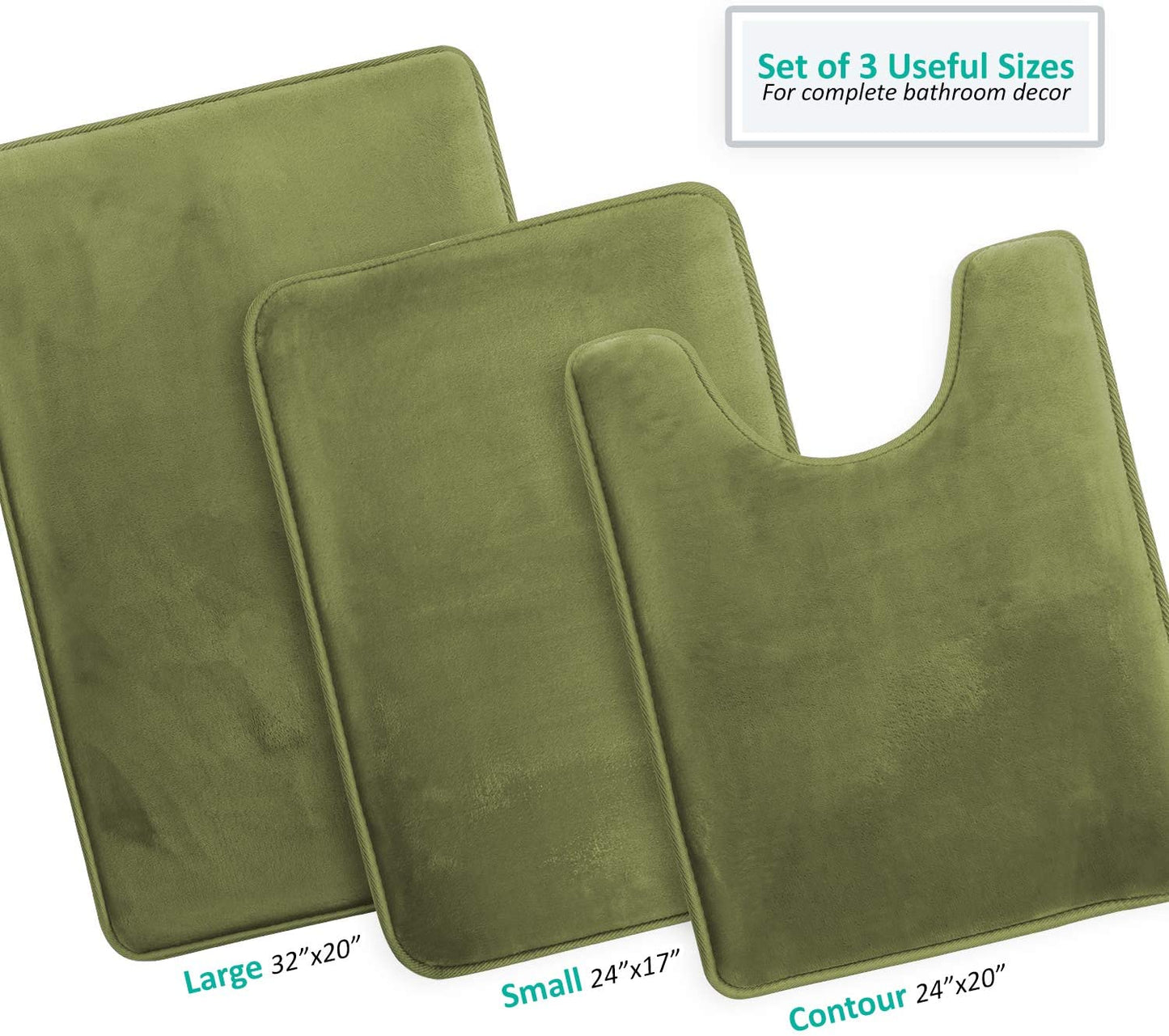 Bathroom Rugs Memory Foam Bath Mat Set for Bathroom, Non Slip Absorbent Velvet - Fast Drying –Bathroom Rug and Contour Rug Set 3 Piece -Olive Green