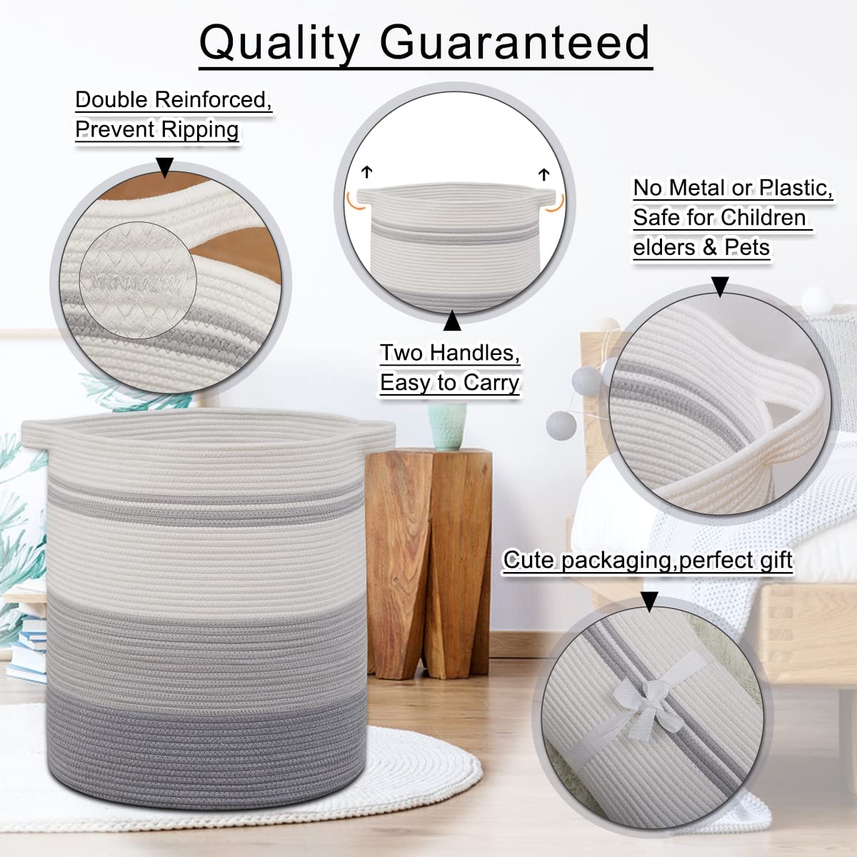 Laundry Baskets Storage Basket with Handles,Decorative Basket for Living room,Woven Storage Basket for Toys Bin-18x16in,Gradient Gray