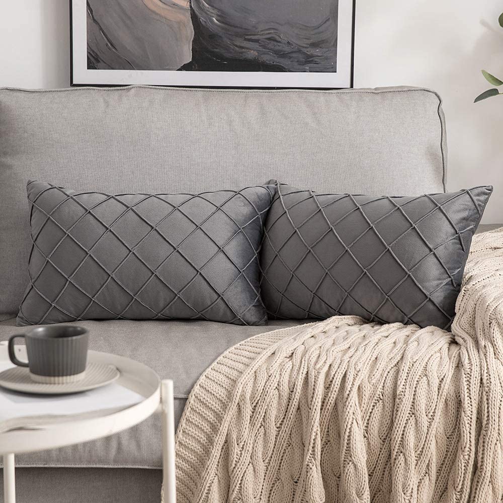 Velvet Throw Pillow Square Soft Couch Pillows Set of 2 (Inserts + Pillow Covers, Grey)