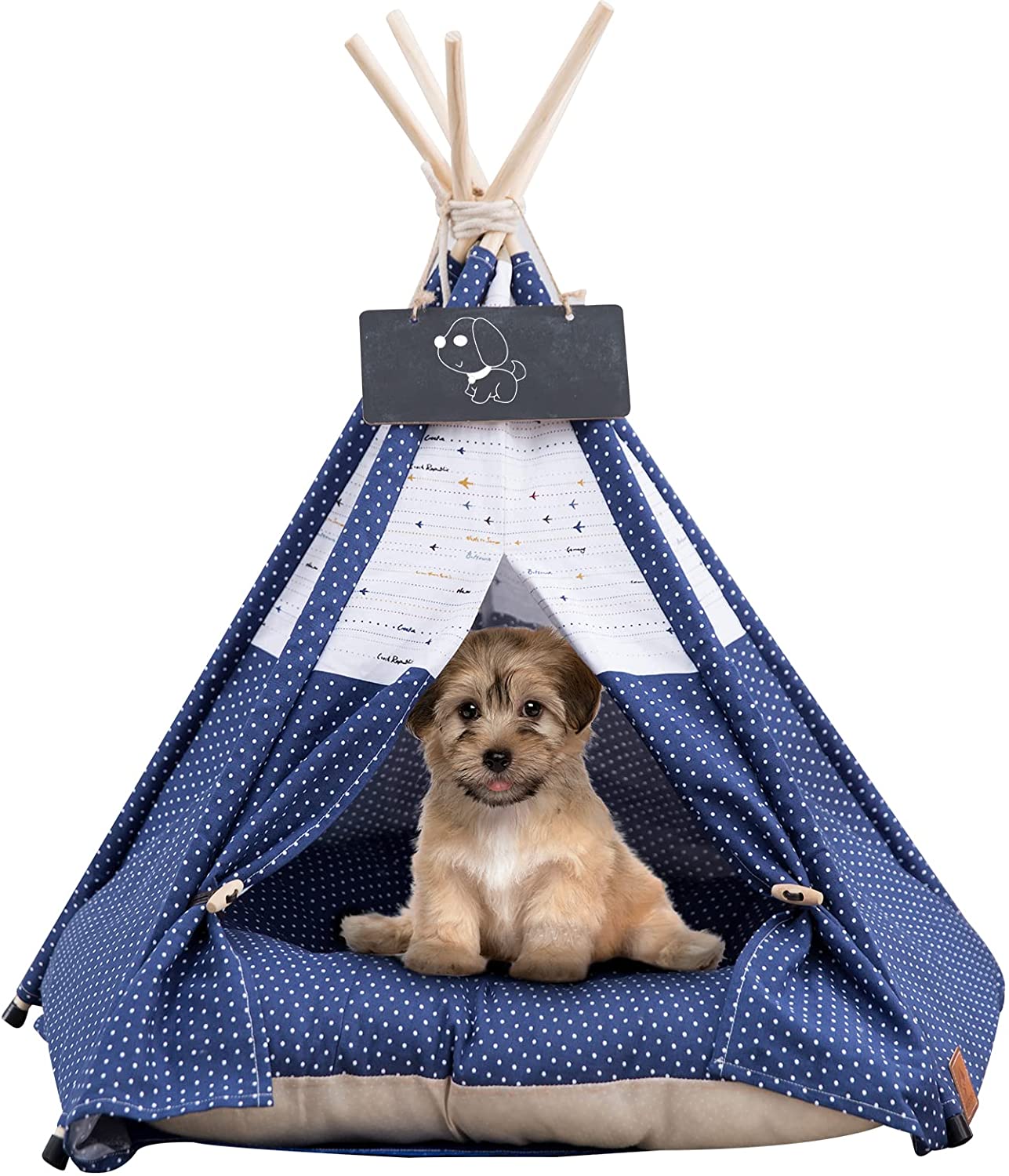 Pet Teepee with Cushion for Dogs and Cats Puppies House with Bed Pet Tent Bed Indoor Outdoor, Navy