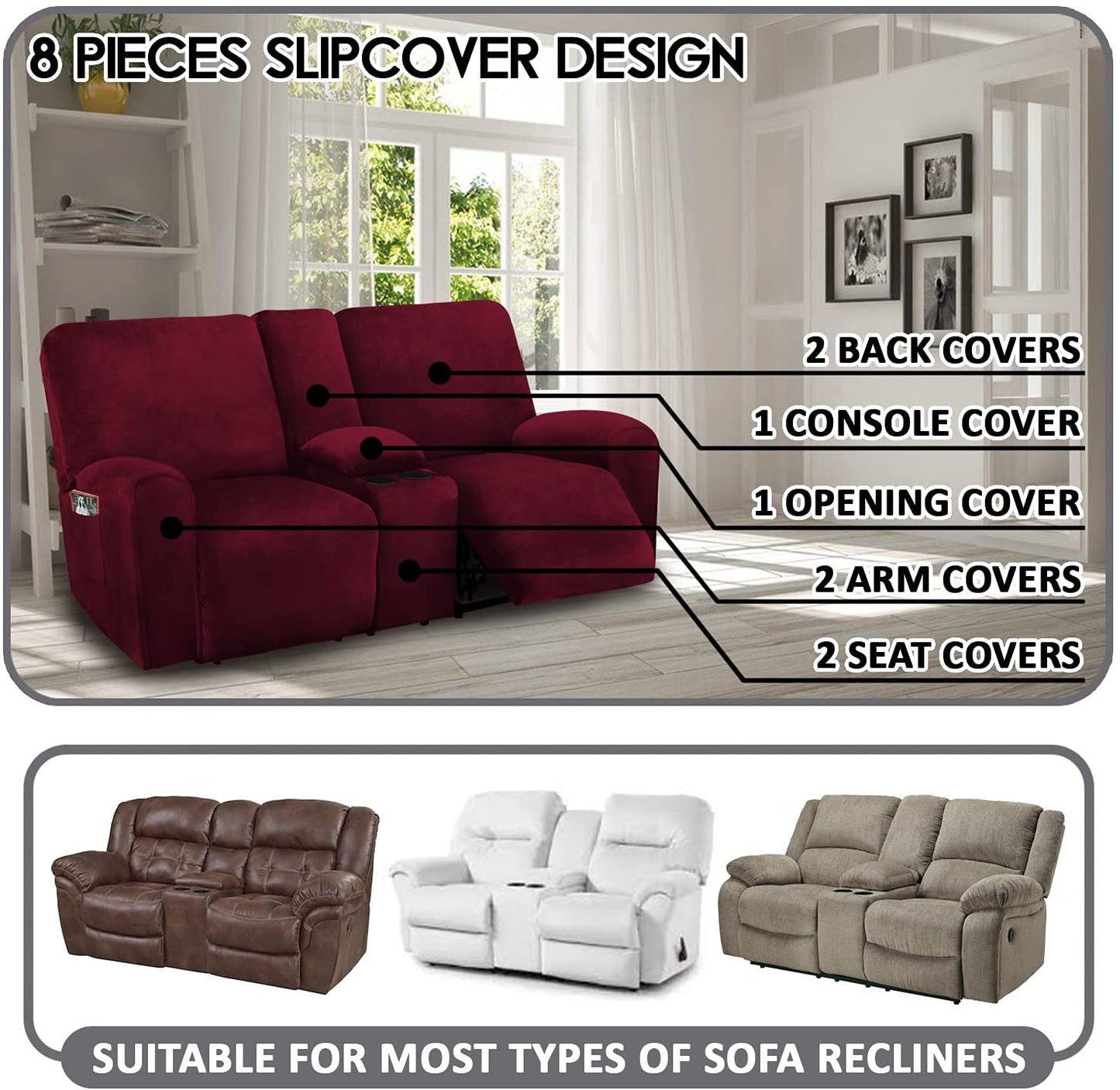 2 Seater with Middle Console Slipcover, Velvet Stretch Loveseat Reclining Sofa Covers, Thick, Soft, Washable, Wine