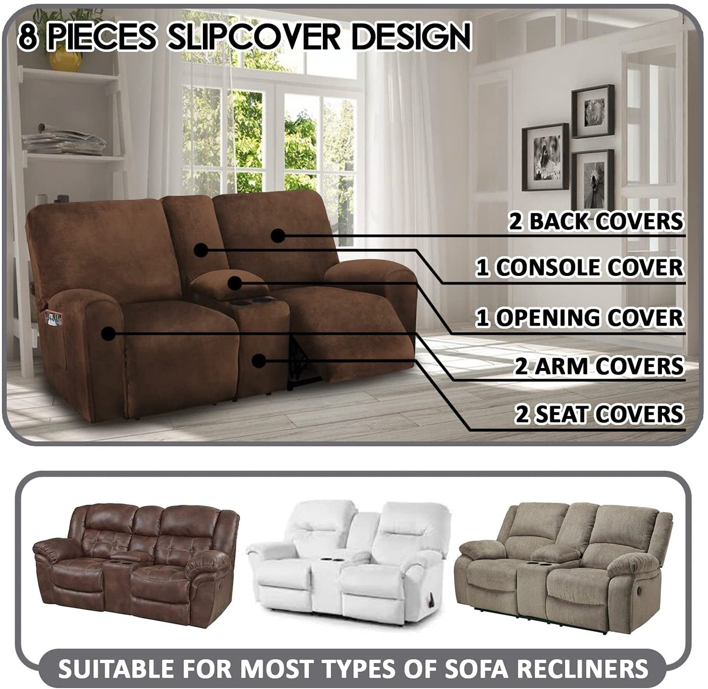 2 Seater with Middle Console Slipcover, Velvet Stretch Loveseat Reclining Sofa Covers, Thick, Soft, Washable, Brown