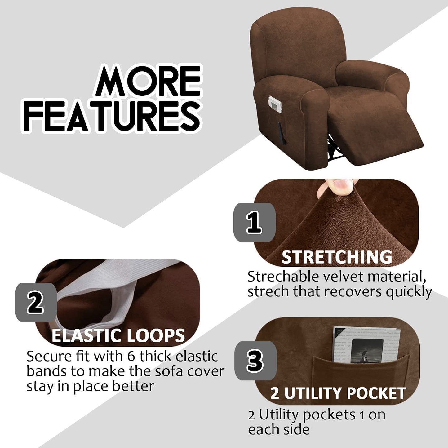 1 Seat Recliner Cover, Velvet Stretch Reclining Chair Covers for 1 Cushion Reclining Sofa, Single Seat Recliner Couch Cover, Thick, Very Soft, Machine Washable, Brown