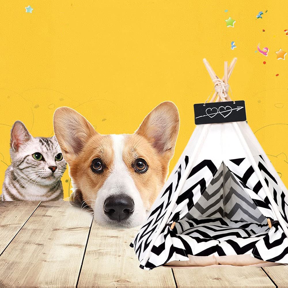 Pet Teepee with Cushion for Dogs and Cats Puppies House with Bed Pet Tent Bed Indoor Outdoor, Off White