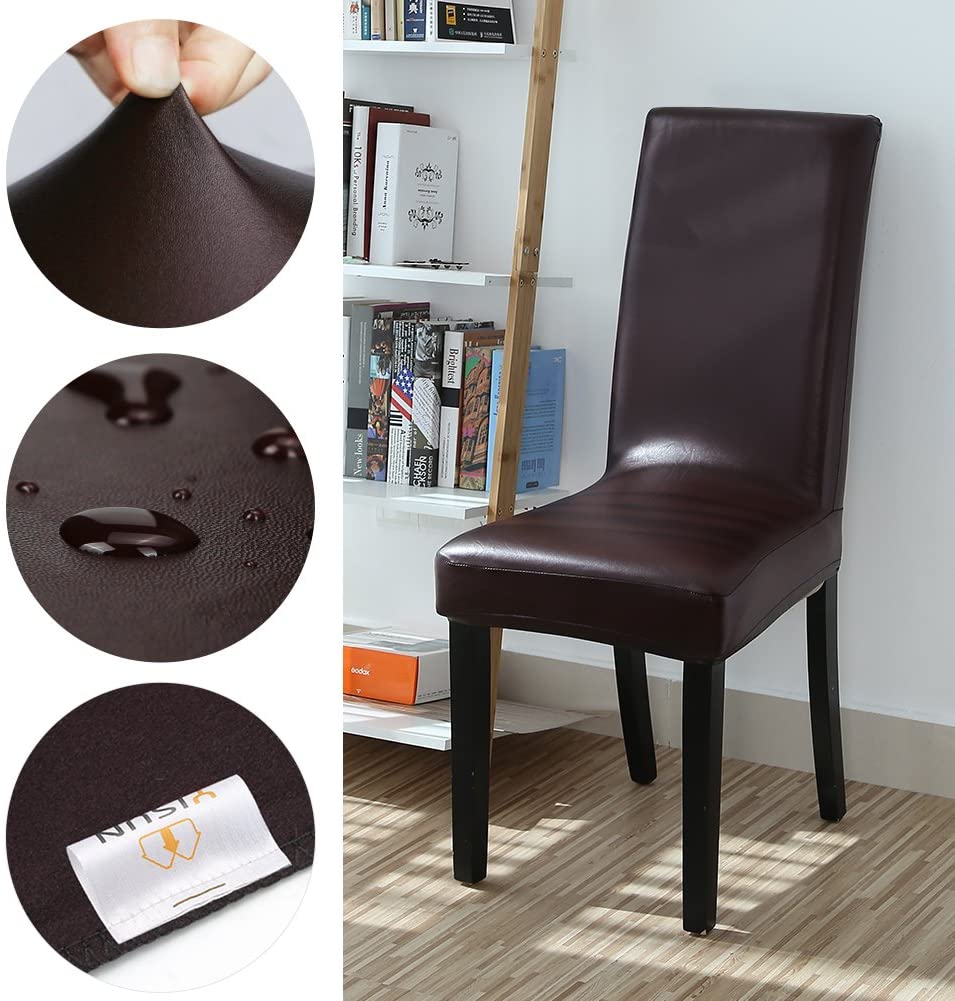 Dining Chair Covers, Solid Pu Leather Waterproof and Oilproof Stretch Slipcover, 2/4/6/8, Brown