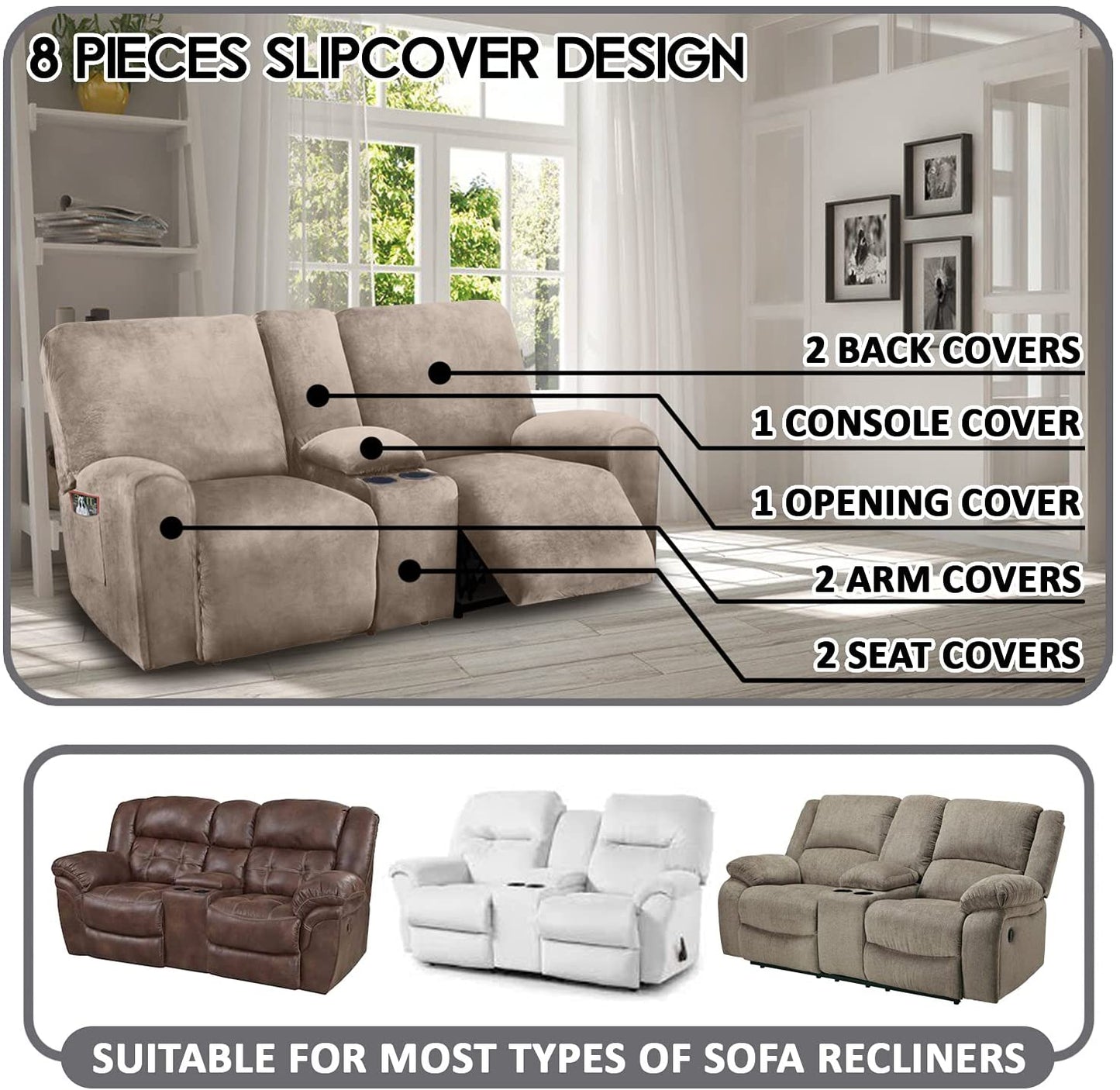 2 Seater with Middle Console Slipcover, Velvet Stretch Loveseat Reclining Sofa Covers, Thick, Soft, Washable, Taupe