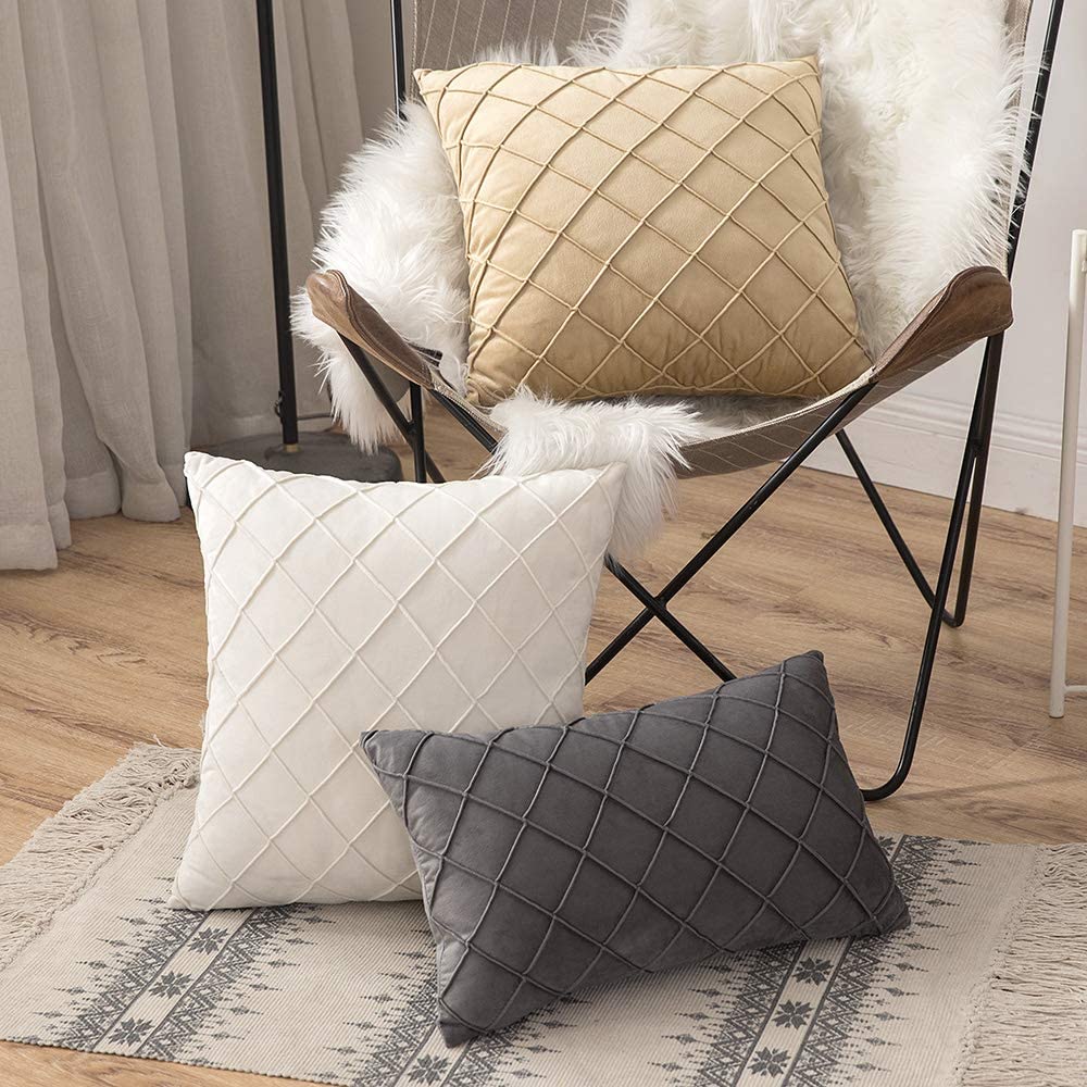 Velvet Throw Pillow Square Soft Couch Pillows Set of 2 (Inserts + Pillow Covers,Cream White)