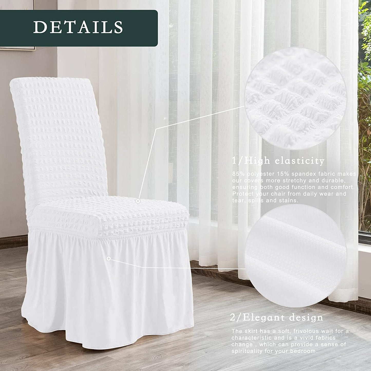 Stretchy Dining Room Chair Covers with Long Skirt, Suitable for families, parties, dirt resistant ,Set of 2/4/6/8 PCS,White