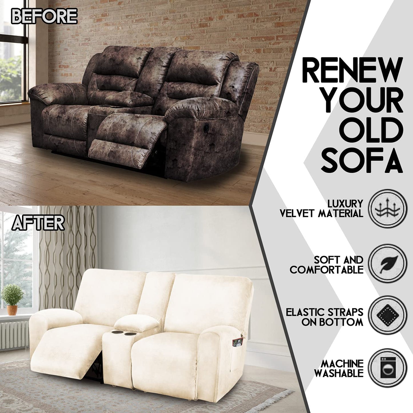 2 Seater with Middle Console Slipcover, Velvet Stretch Loveseat Reclining Sofa Covers, Thick, Soft, Washable, Ivory