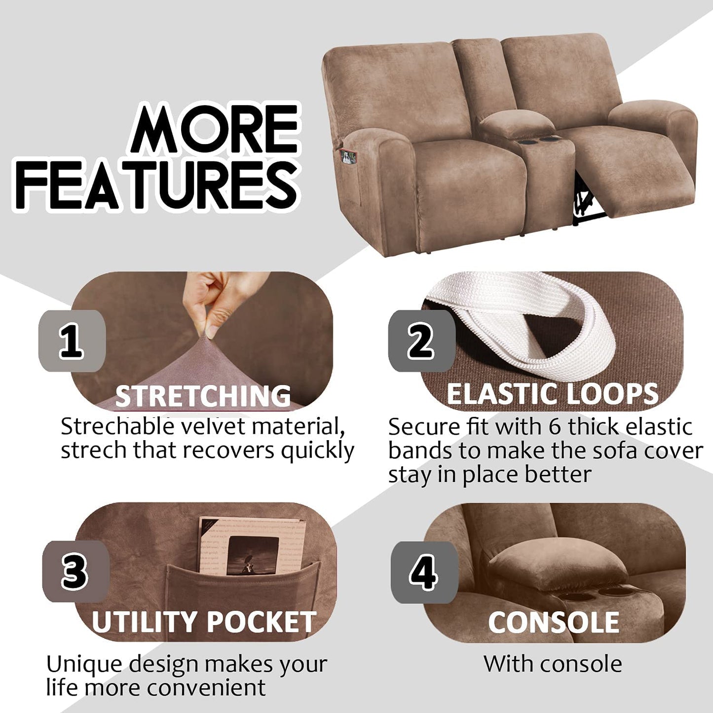 2 Seater with Middle Console Slipcover, Velvet Stretch Loveseat Reclining Sofa Covers, Thick, Soft, Washable, Sand