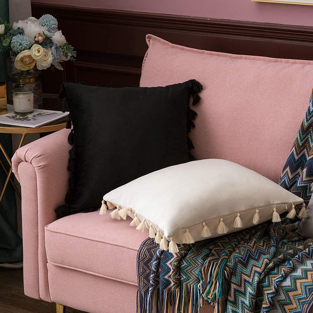 Pack of 2 Velvet Soft Solid Decorative Throw Pillows with Tassels Fringe Boho Accent Cushion for Couch Sofa Bed, Black