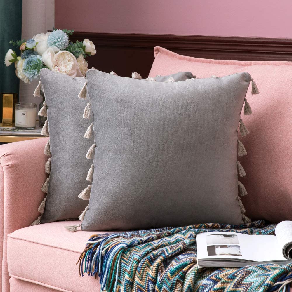 Pack of 2 Velvet Soft Solid Decorative Throw Pillows with Tassels Fringe Boho Accent Cushion for Couch Sofa Bed, Grey