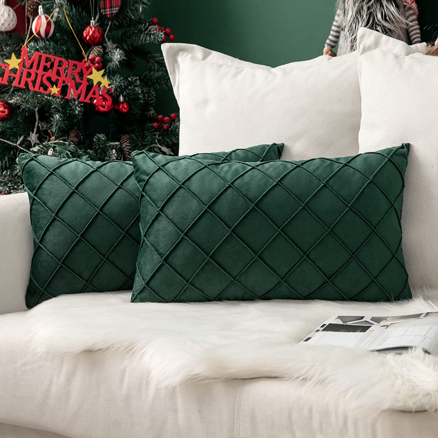 Velvet Throw Pillow Square Soft Couch Pillows Set of 2 (Inserts + Pillow Covers, Dark Green)
