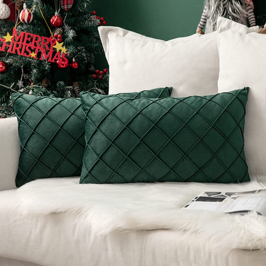 Velvet Throw Pillow Square Soft Couch Pillows Set of 2 (Inserts + Pillow Covers, Dark Green)