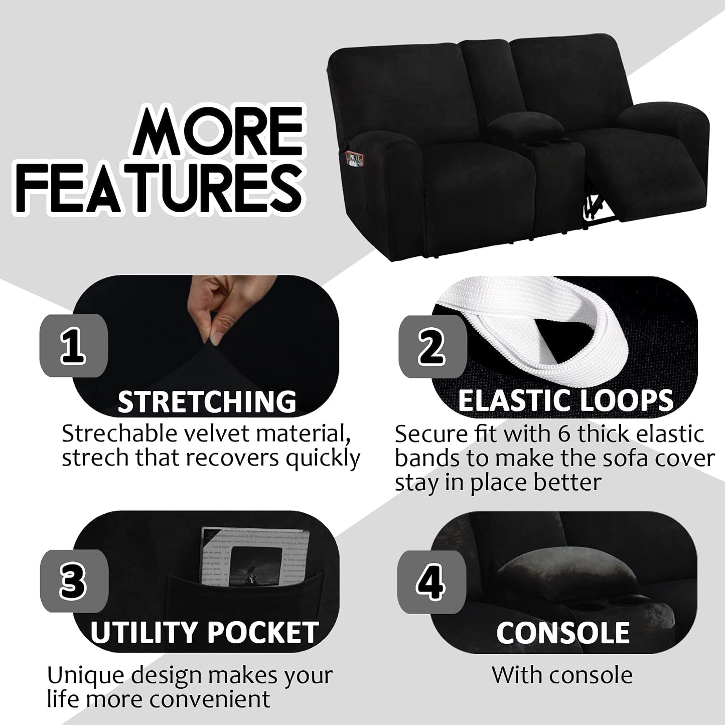 2 Seater with Middle Console Slipcover, Velvet Stretch Loveseat Reclining Sofa Covers, Thick, Soft, Washable, Black