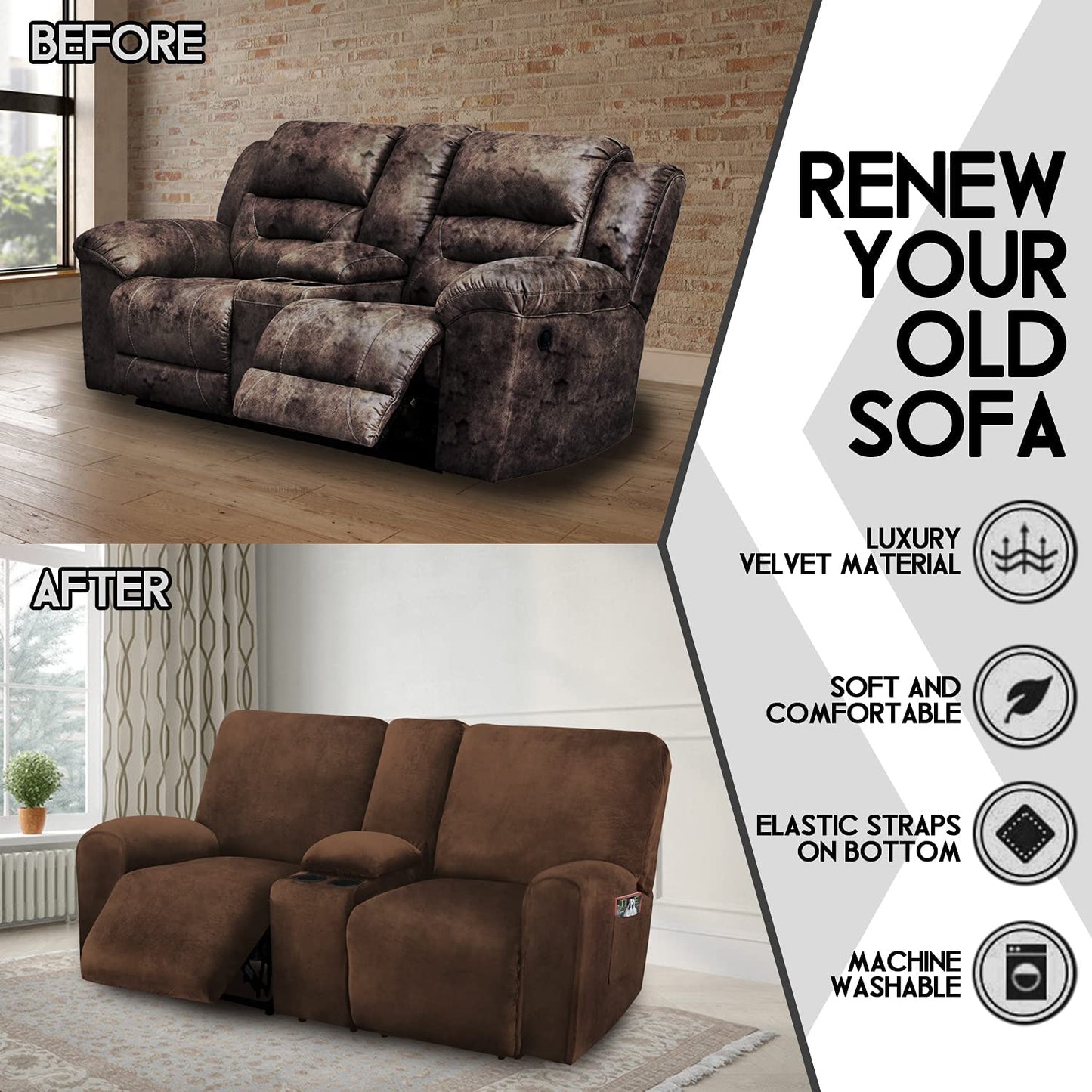 2 Seater with Middle Console Slipcover, Velvet Stretch Loveseat Reclining Sofa Covers, Thick, Soft, Washable, Brown