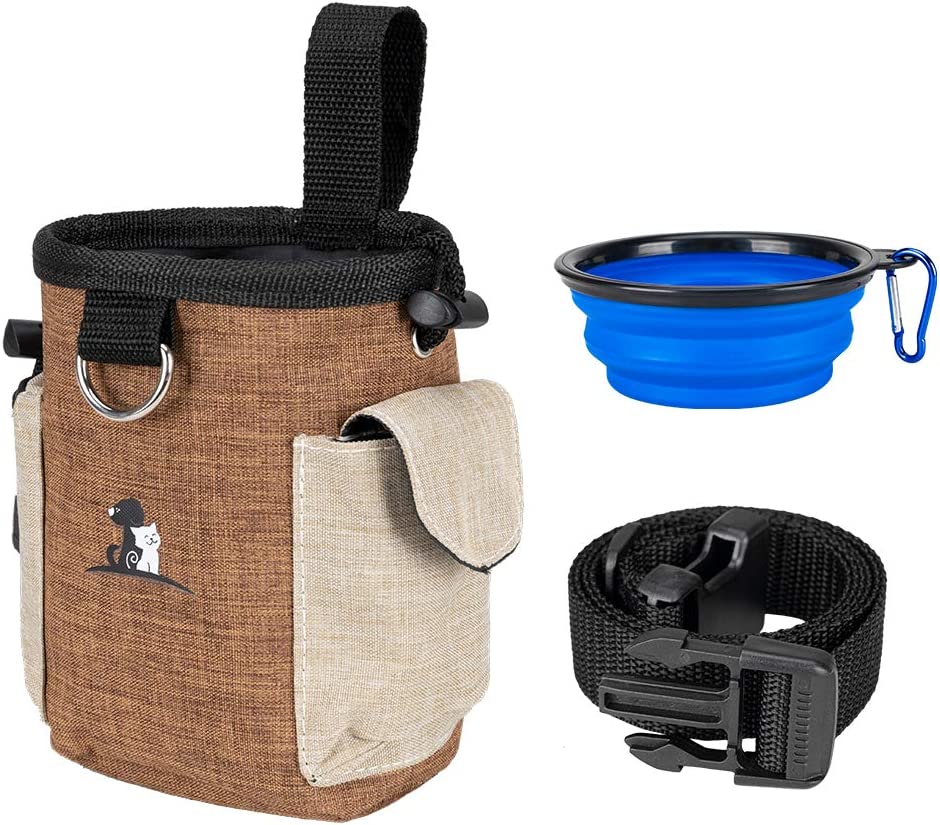 Dog Treat Pouch Dog Treat Bag with Dog Bowl for Training Small to Large Dogs Animal Walking Snack Container Easily Carries Pet Toys & Kibble (Brown)
