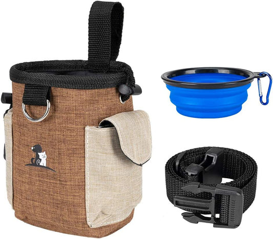 Dog Treat Pouch Dog Treat Bag with Dog Bowl for Training Small to Large Dogs Animal Walking Snack Container Easily Carries Pet Toys & Kibble (Brown)