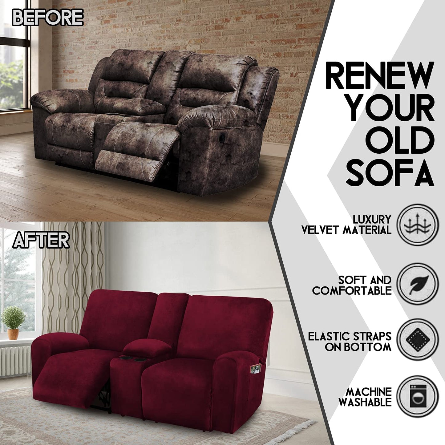 2 Seater with Middle Console Slipcover, Velvet Stretch Loveseat Reclining Sofa Covers, Thick, Soft, Washable, Wine