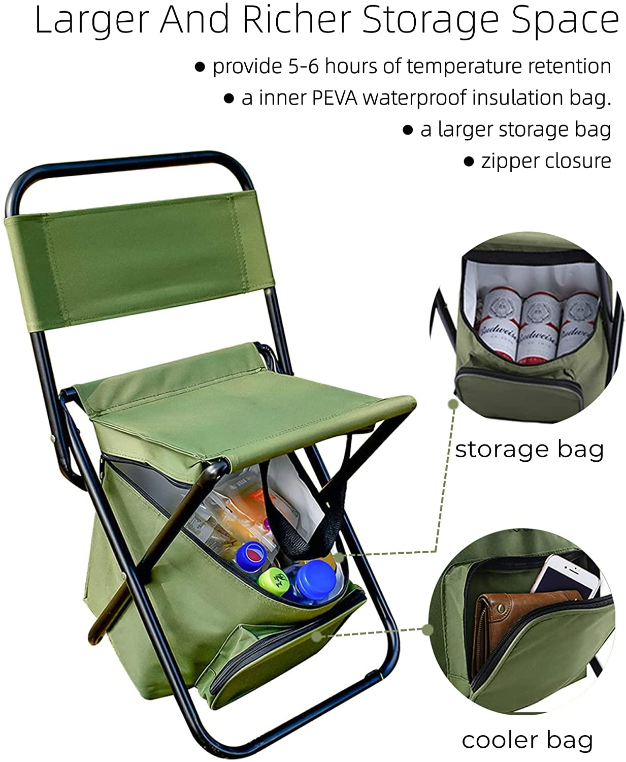 Portable Foldable Camping Chair with Cooler Bag, Lightweight Backrest Stool Compact Folding Chair Seat, Outdoor Backrest Stool with Folding Backpack for Camping Hunting Fishing Hiking