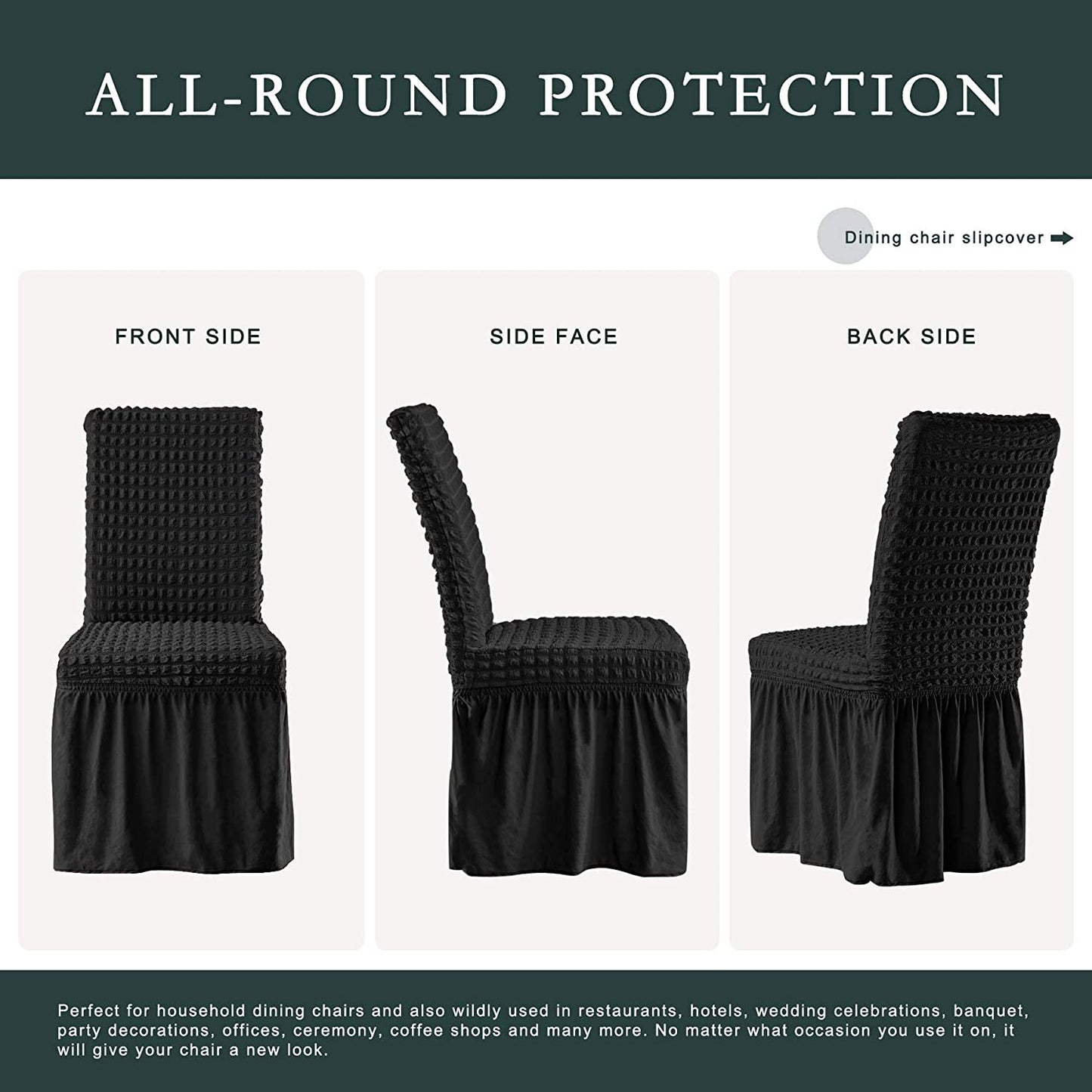 Stretchy Dining Room Chair Covers with Long Skirt, Suitable for families, parties, dirt resistant ,Set of 2/4/6/8 PCS,Black