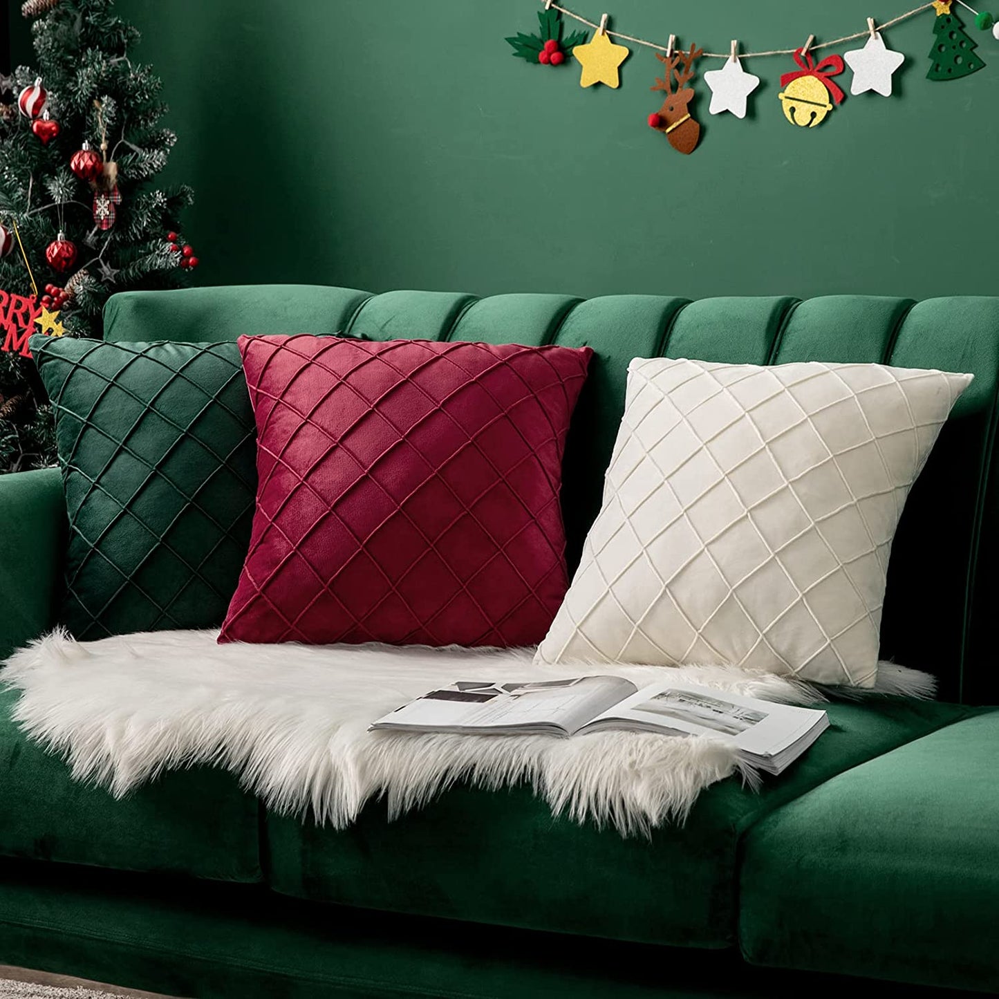 Velvet Throw Pillow Square Soft Couch Pillows Set of 2 (Inserts + Pillow Covers,Cream White)
