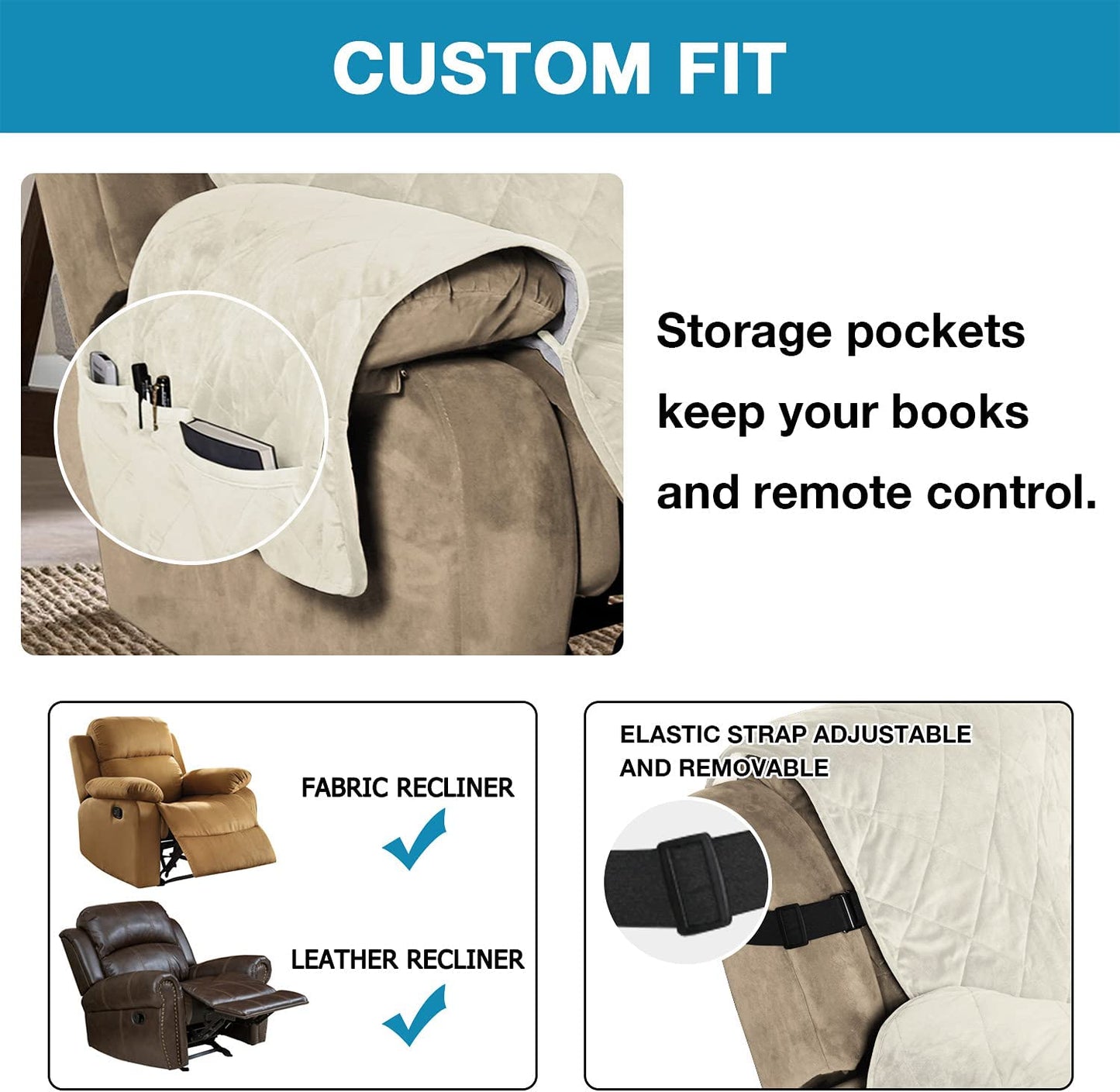 Recliner Covers Velvet Slip Resistant Recliner Sofa Slipcover Seat  Couch Furniture Protector with Elastic Straps Recliner Cover - Ivory