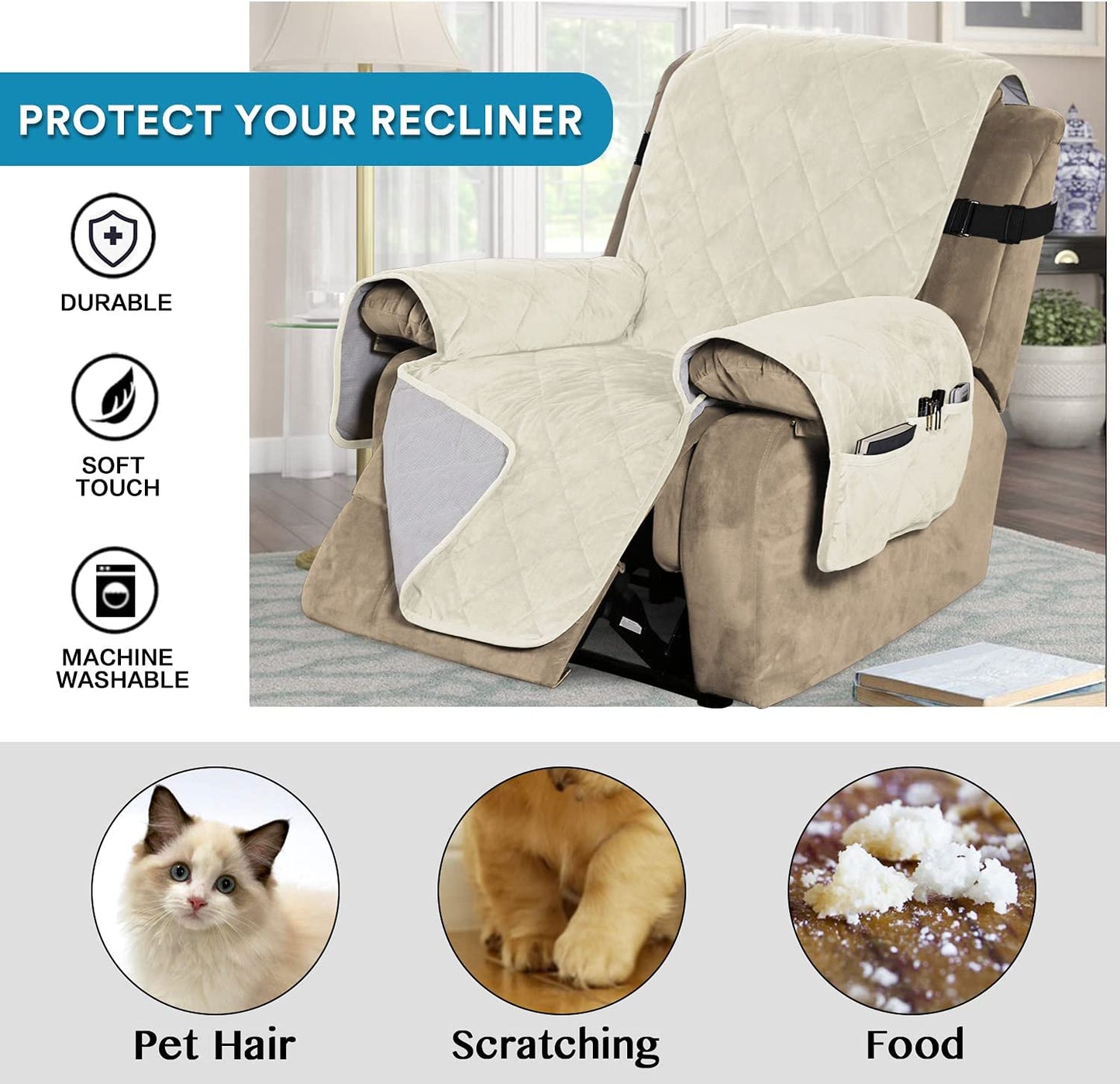 Recliner Covers Velvet Slip Resistant Recliner Sofa Slipcover Seat  Couch Furniture Protector with Elastic Straps Recliner Cover - Ivory