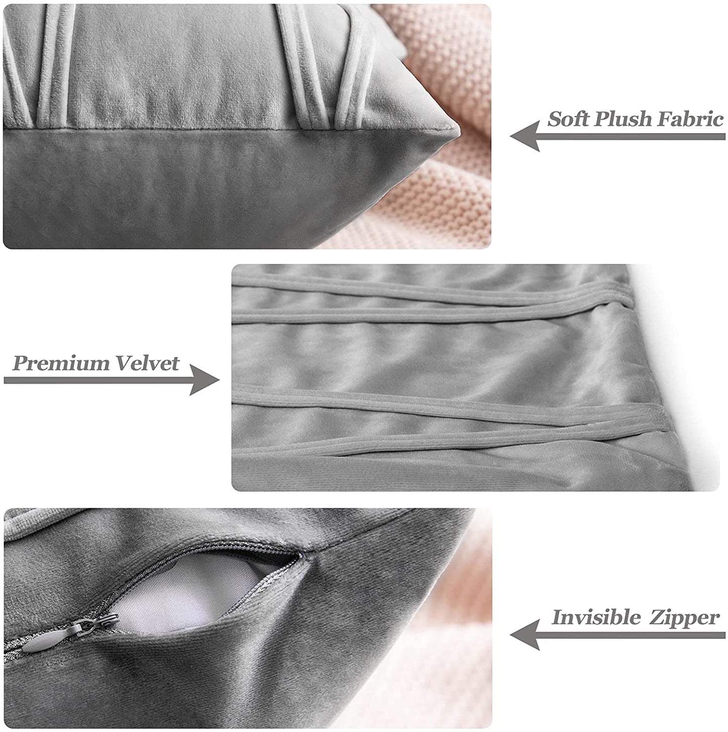 2x Velvet Throw Pillows for Couch Bed Sofa (Inserts + Pillow Covers,  Grey)