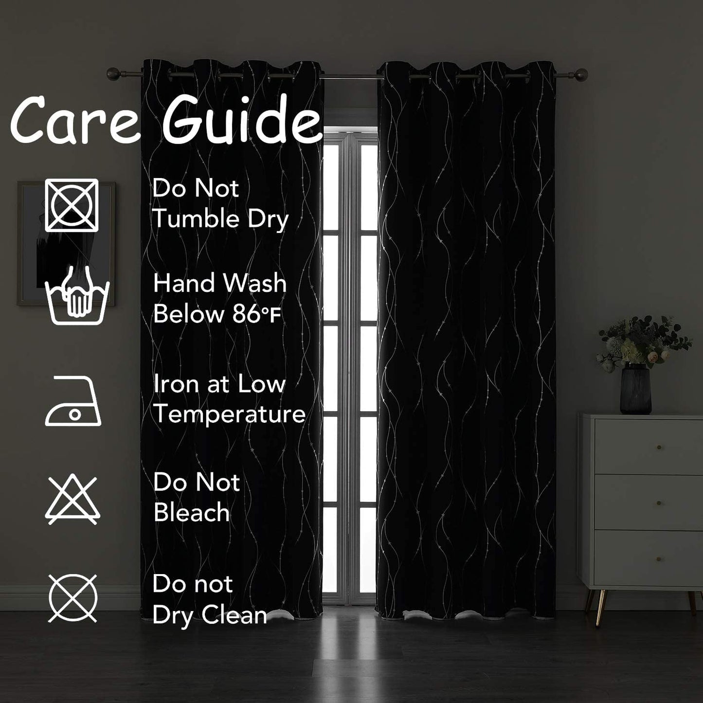 Black Blockout Curtains Bedroom Silver Star Print Design Thermal Insulated Room Darkening Window Treatment Grommet Drapes for Living Room/Kids Game Room Set of 2 Panels