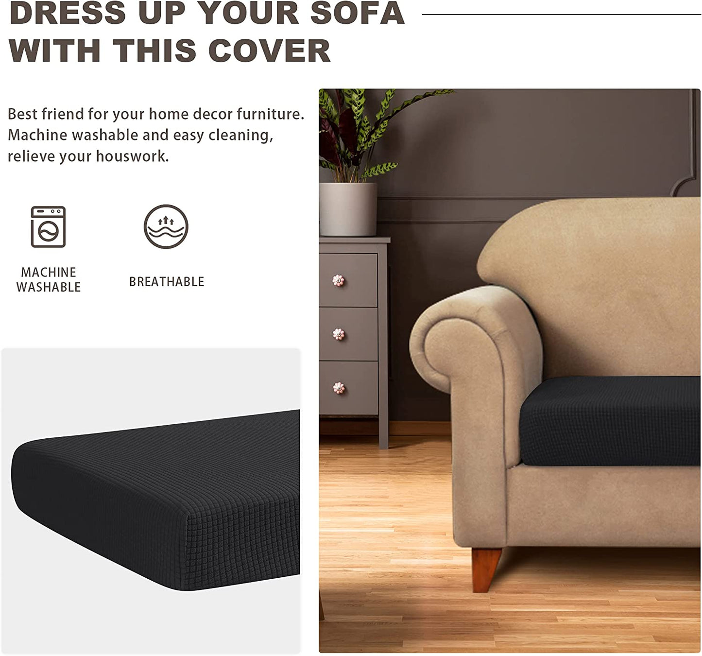 Water Repellent Sofa Couch Cushion Covers Sofa Seat Slipcover Suitable for 1/2/3 Setaer Furniture Protector, Non Slip Small Checks, Black
