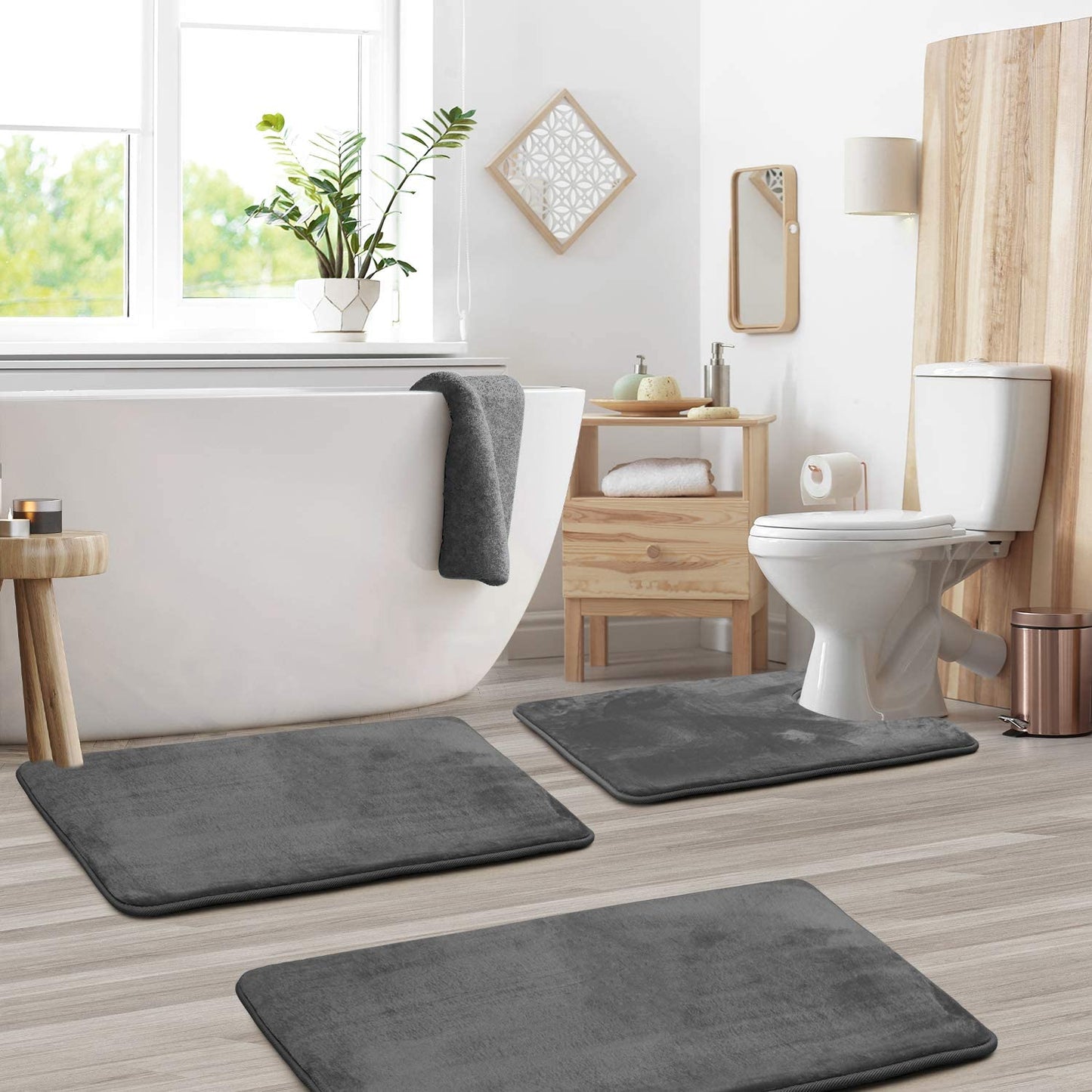 Bathroom Rugs Memory Foam Bath Mat Set for Bathroom, Non Slip Absorbent Velvet - Fast Drying –Bathroom Rug and Contour Rug Set 3 Piece -Grey