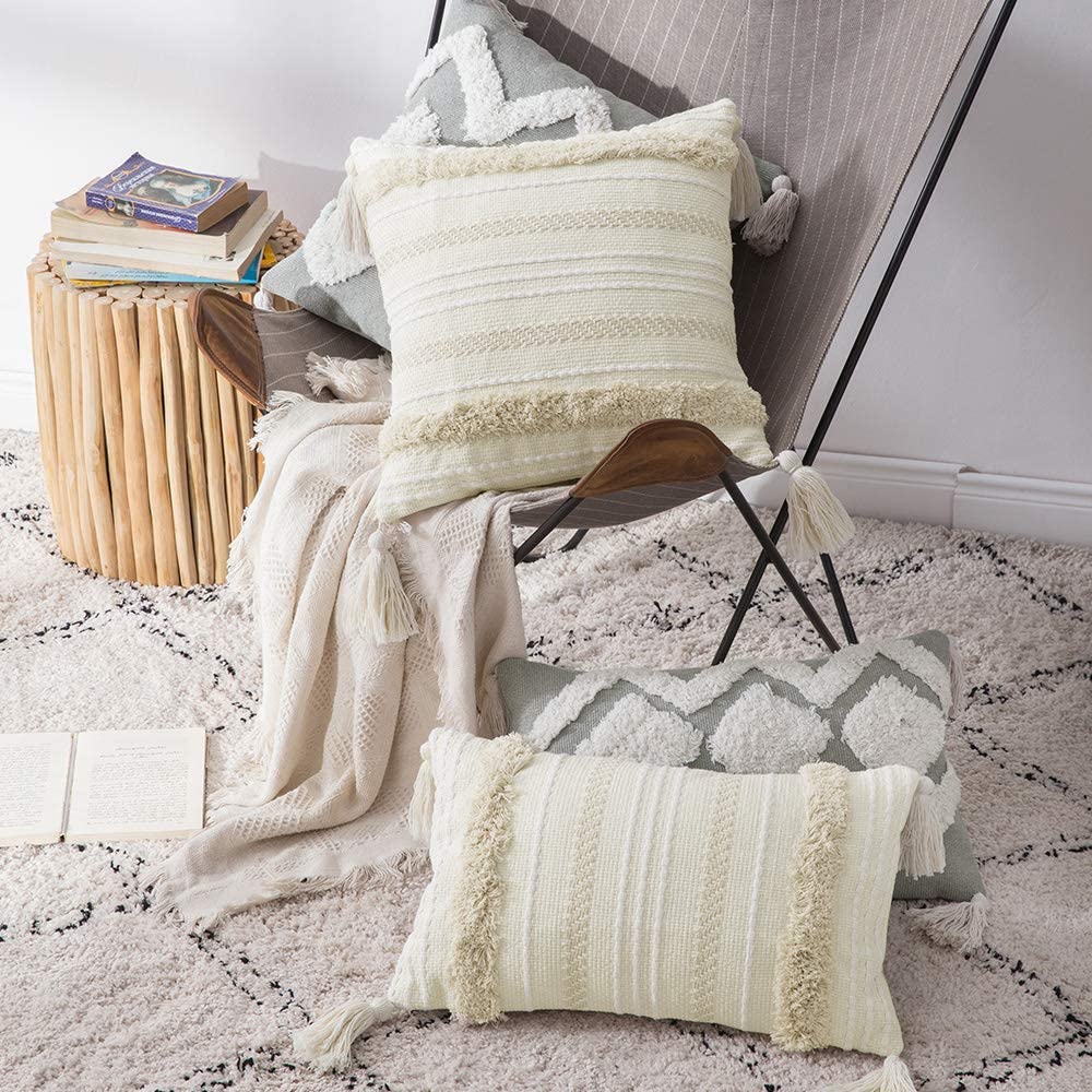 Decorative Throw Pillow Cover Tribal Boho Woven Tufted Lumbar Pillowcase Soft Cushion Set of 2 (Inserts + Pillow Covers,Cream White )