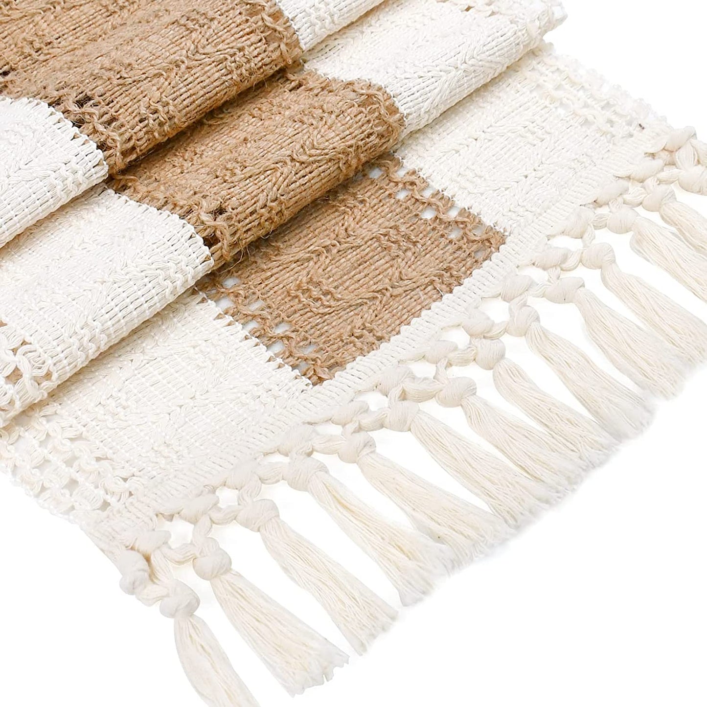 Placemats Set of 4/6/8, Cream Beige Boho Place Mats with Tassels, Hand Woven Cotton and Burlap Splicing