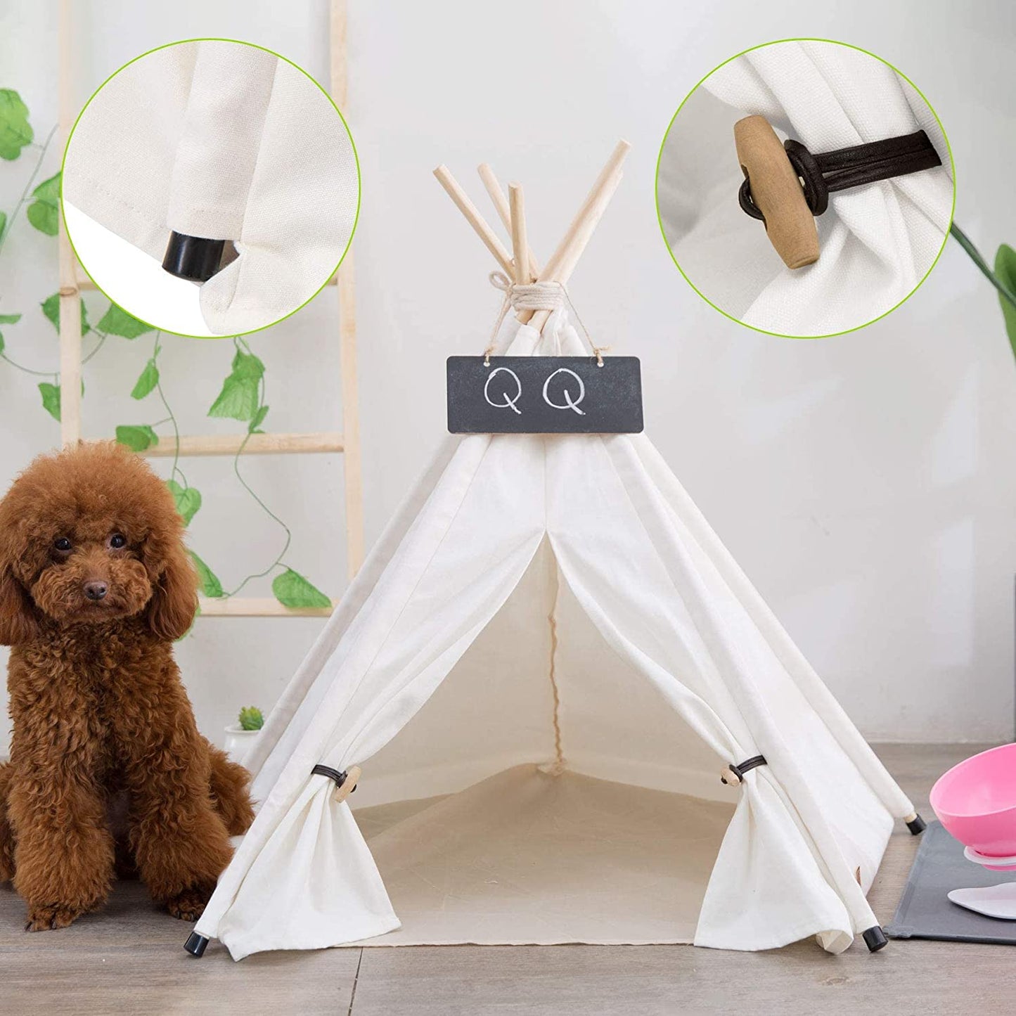 Pet Teepee with Cushion for Dogs and Cats Puppies House with Bed Pet Tent Bed Indoor Outdoor, Off White