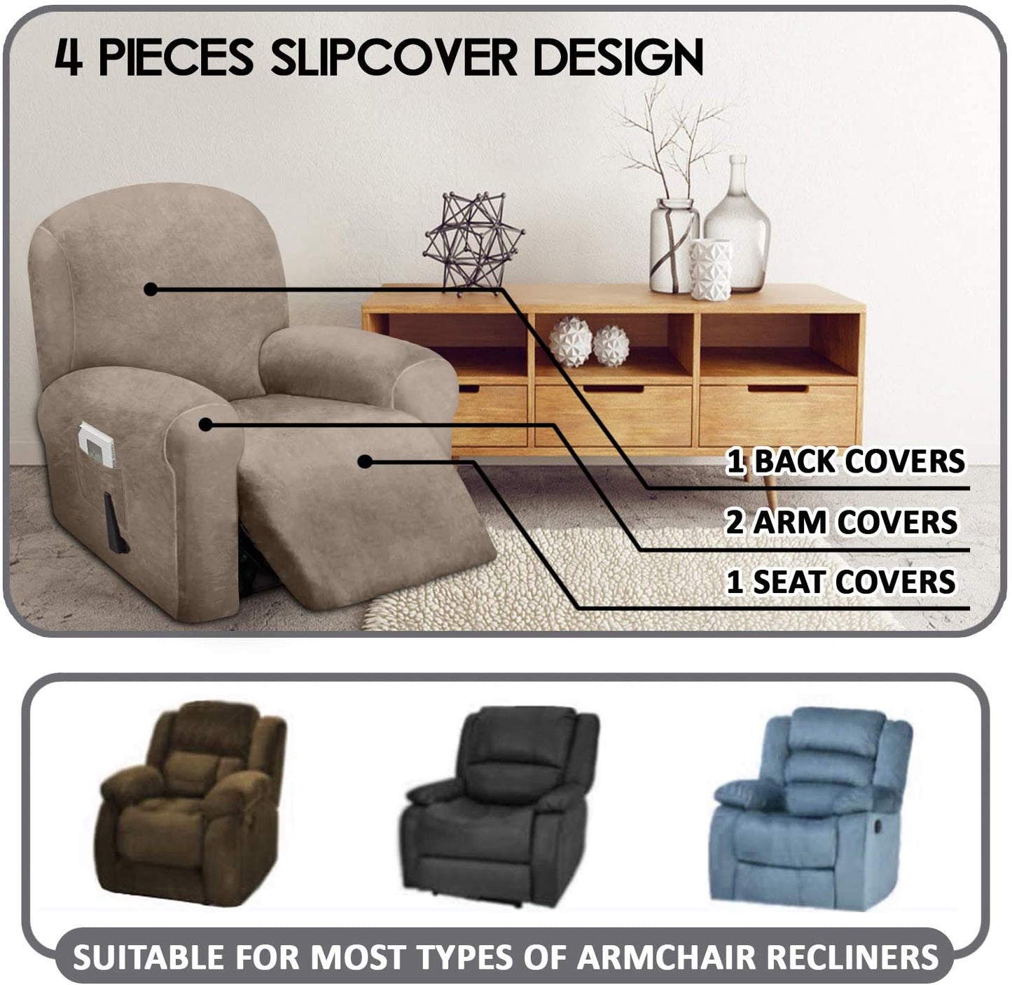 1 Seat Recliner Cover, Velvet Stretch Reclining Chair Covers for 1 Cushion Reclining Sofa, Single Seat Recliner Couch Cover, Thick, Very Soft, Machine Washable, Taupe