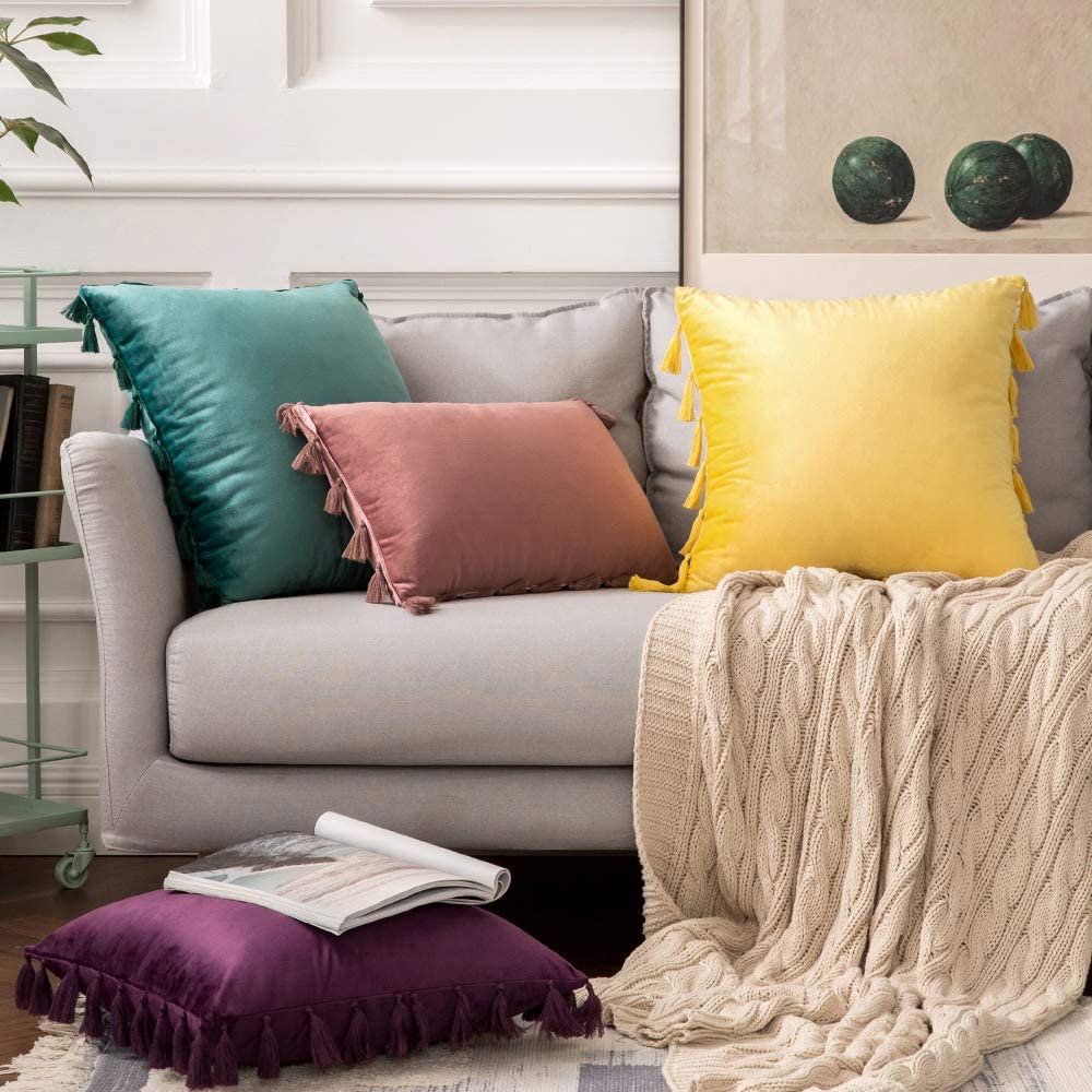Pack of 2 Velvet Soft Solid Decorative Throw Pillows with Tassels Fringe Boho Accent Cushion Case for Couch Sofa Bed, Dark Green