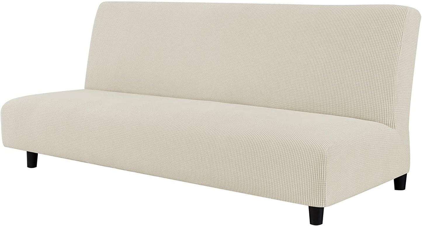 Stretch Armless Sofa Slipcover Futon Cover with Elastic Bottom, Ivory White