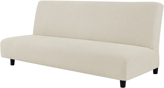 Stretch Armless Sofa Slipcover Futon Cover with Elastic Bottom, Ivory White